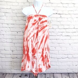 New Lucky Brand Tie Dye Swim Cover Orange White Romper Size XS Small Neck Tie